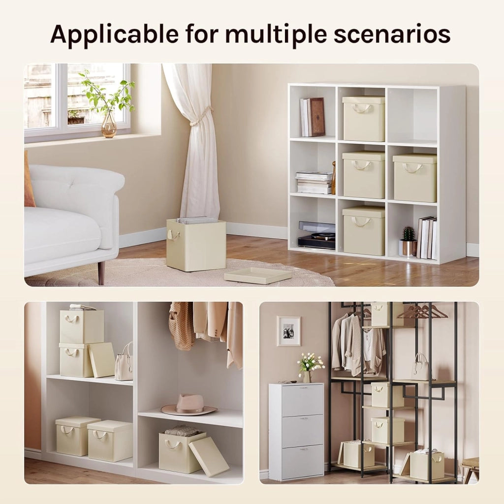 Scatole Contenitori Pieghevoli Set di 10, Cubi in Tessuto con Manico, Coperchio e Struttura in Metallo, Organizer per Armadio e Scaffale, Crema, 27x27x27cm