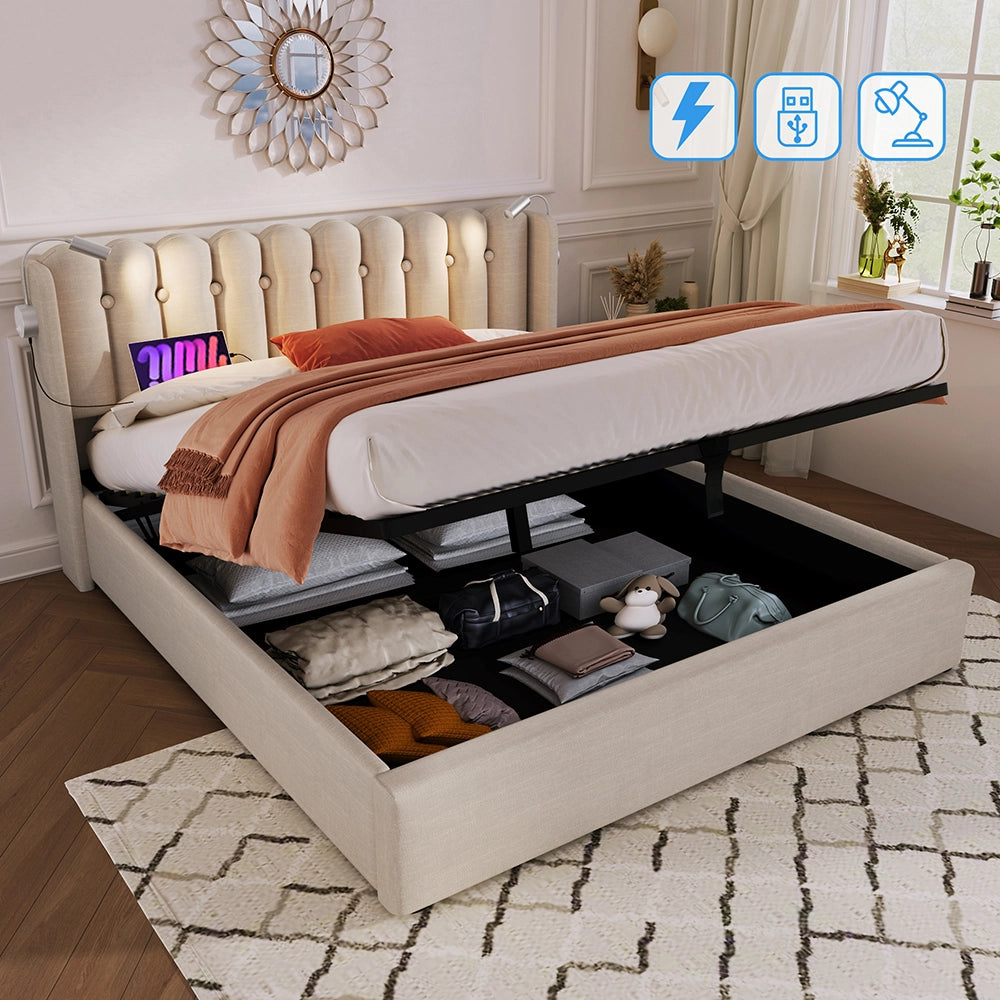 Letto a cassone imbottito 160x200 cm - Xylo - Con funzione di carico e due luci da lettura, Beige