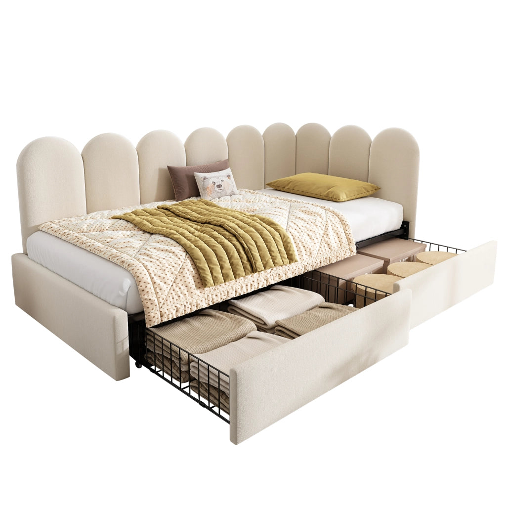 OKWISH Letto Singolo 90×200 cm, Letto con Cassetti con 2 Cassetti, Struttura Reversibile in Velluto, senza Materasso, Beige