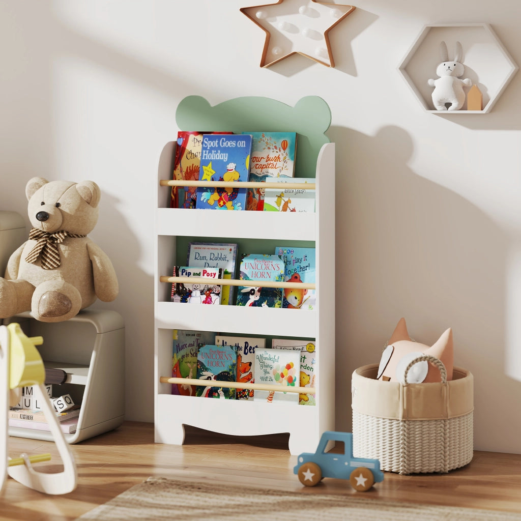 Libreria per Bambini con 3 Ripiani a Forma di Orsetto con Barriere Frontali, 55x15x110 cm, Verde