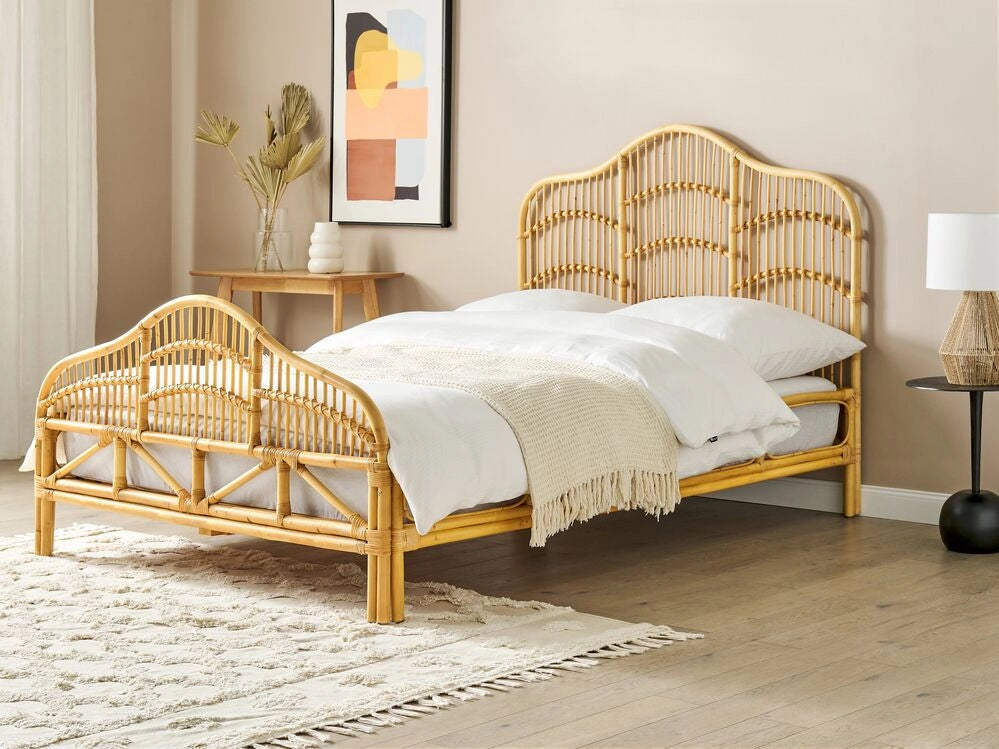 Letto a pannello Legno chiaro Rattan Mogano Legno UE Doppio 140x200 cm Telaio a doghe Base letto Intrecciato Testiera decorativa Moderna Boho