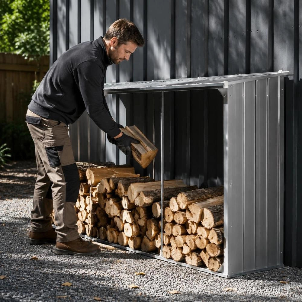 Firewood Storage Unit Made Of Galvanized Steel, 330 X 92 X 153 Cm, Grey