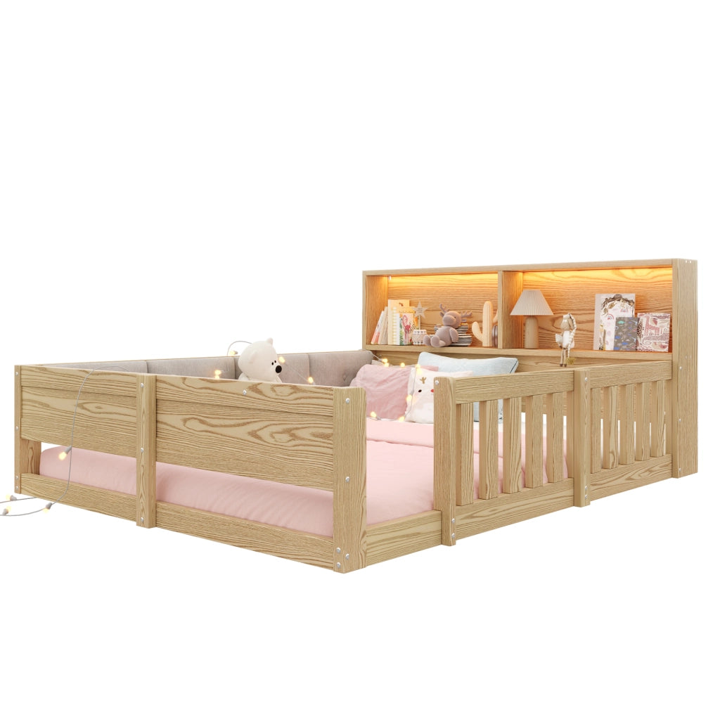 Letto per bambini 140x200 cm con sponde; testiera con contenitore e LED; naturale