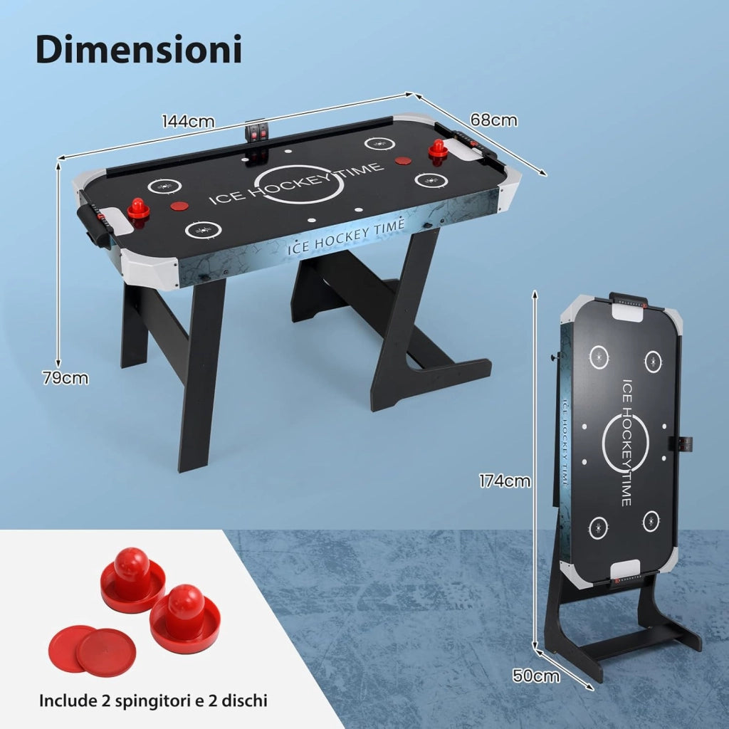 Tavolo da Air Hockey, Hockey da Tavolo Pieghevole con Potente Motore 12V e Tabellone Digitale a LED, 2 Spingitori e 2 Dischi, per Casa Sala Giochi e Ufficio, 144 x 68 x 79 cm