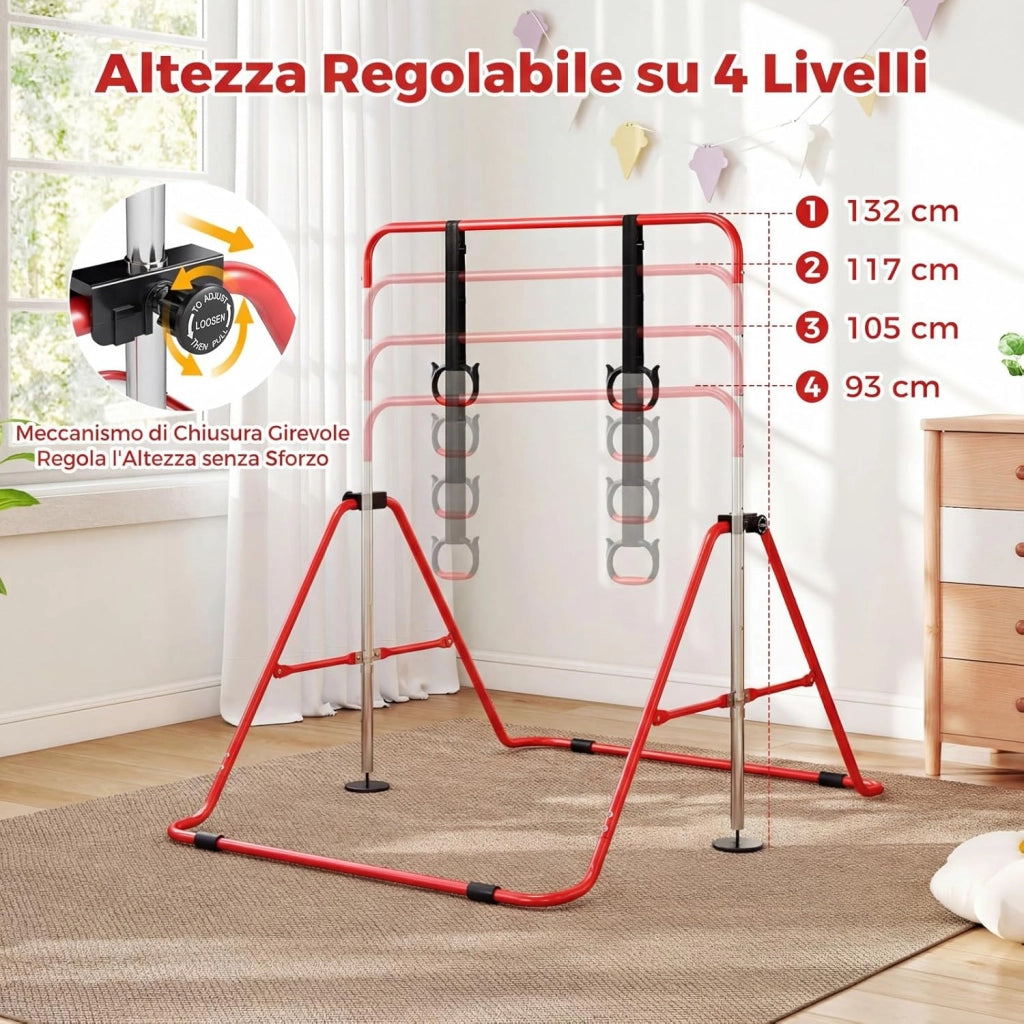 Sbarra Ginnastica Pieghevole per Bambini, Barra Ginnastica per Casa Regolabile a 4 Livelli con Anelli e Cuscinetti Antiscivolo, Attrezzatura Ginnastica per Bambini 3-12 Anni