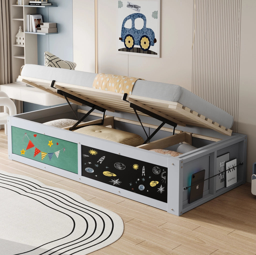 Letto per bambini 90x200 cm con contenitore idraulico; lavagna e spazio libri in legno grigio