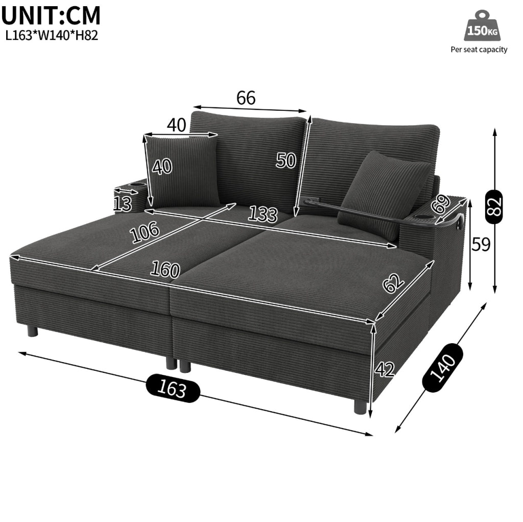Divano 2 posti 163x140x82 cm in velluto a coste con USB; USB-C e portabicchieri grigio