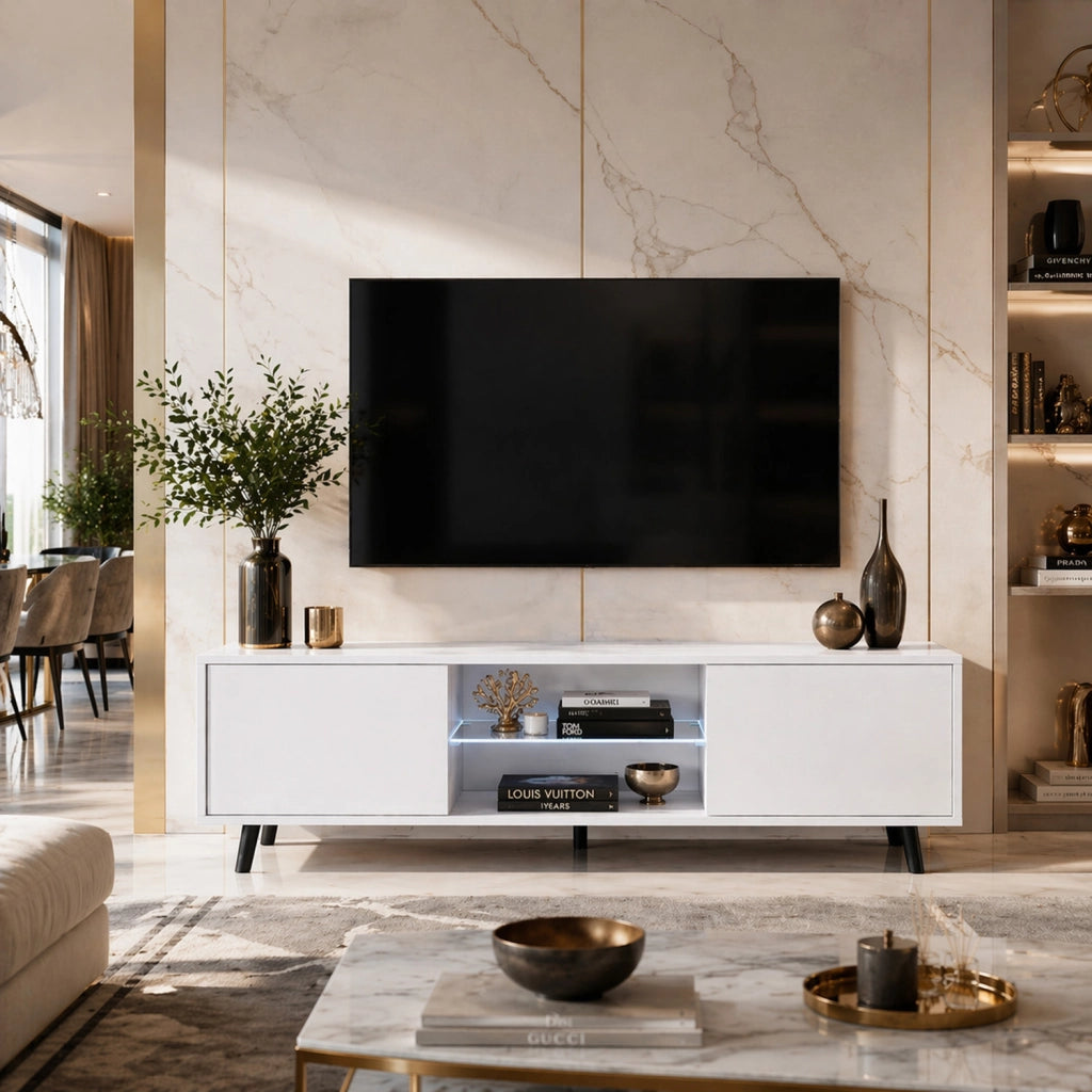 Mobile TV In Melaminico Con 2 Ante Battenti Vano Centrale Con Ripiano In Vetro E LED Piedini In Metallo Per Soggiorno Salotto Zona Living 140 X 31.5 X 40 Cm Bianco