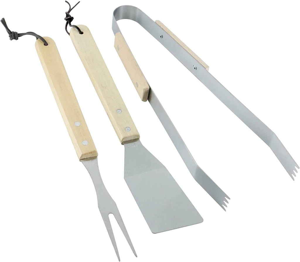 Set di 3 Attrezzi per Barbecue in Acciaio e Legno-Spatola, Pinza e Forchettone - Dim. 35x6.8x1.5 cm.35x9.5x2.5 cm.35x2.2x1.5cm