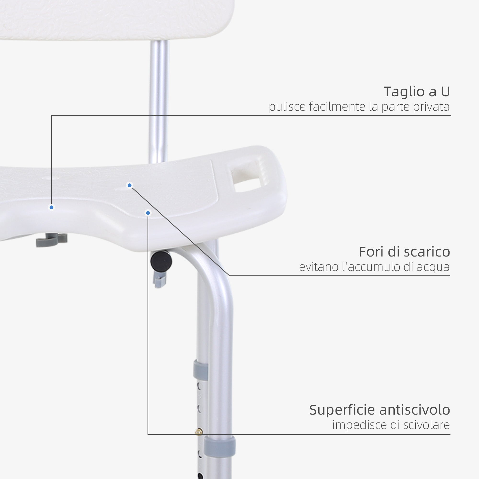 Sedia da Doccia Regolabile su 8 Livelli con Fori di Drenaggio in Alluminio e PE Bianco e Argento