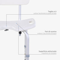 Sedia da Doccia Regolabile su 8 Livelli con Fori di Drenaggio in Alluminio e PE Bianco e Argento