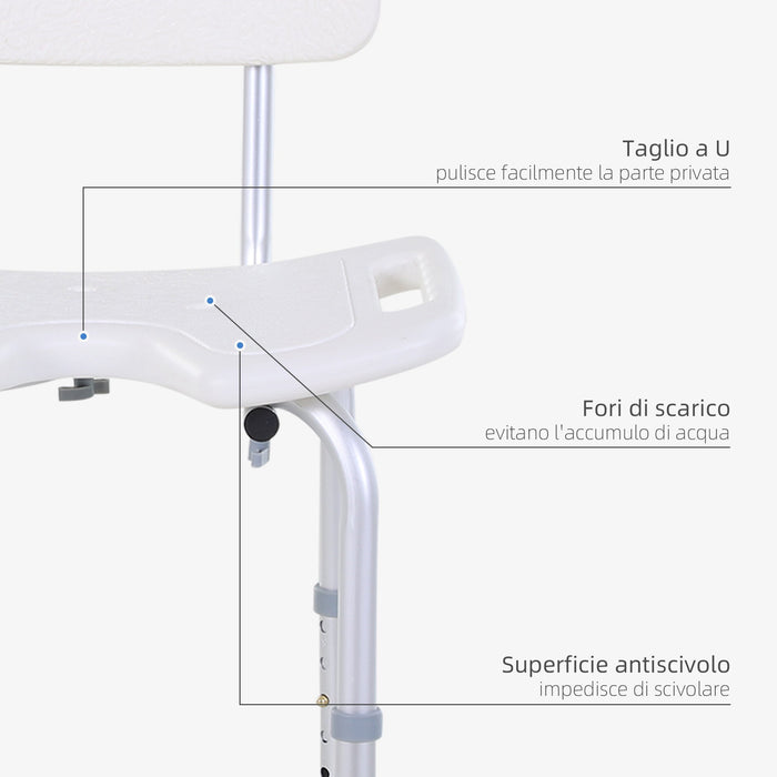 Sedia da Doccia Regolabile su 8 Livelli con Fori di Drenaggio in Alluminio e PE Bianco e Argento