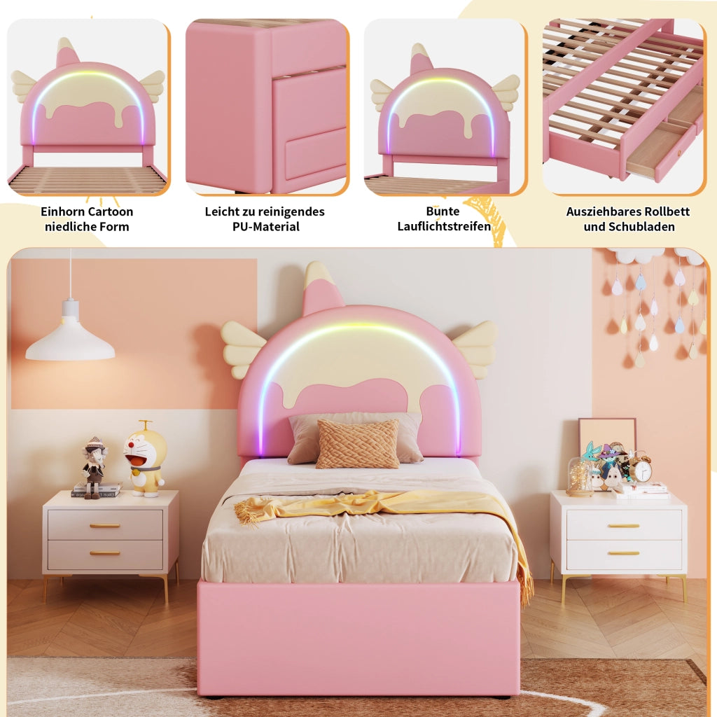 Letto Estraibile 90×200 cm; Singolo con Testiera a Unicorno e Letto Estraibile; senza Materasso; Rosa