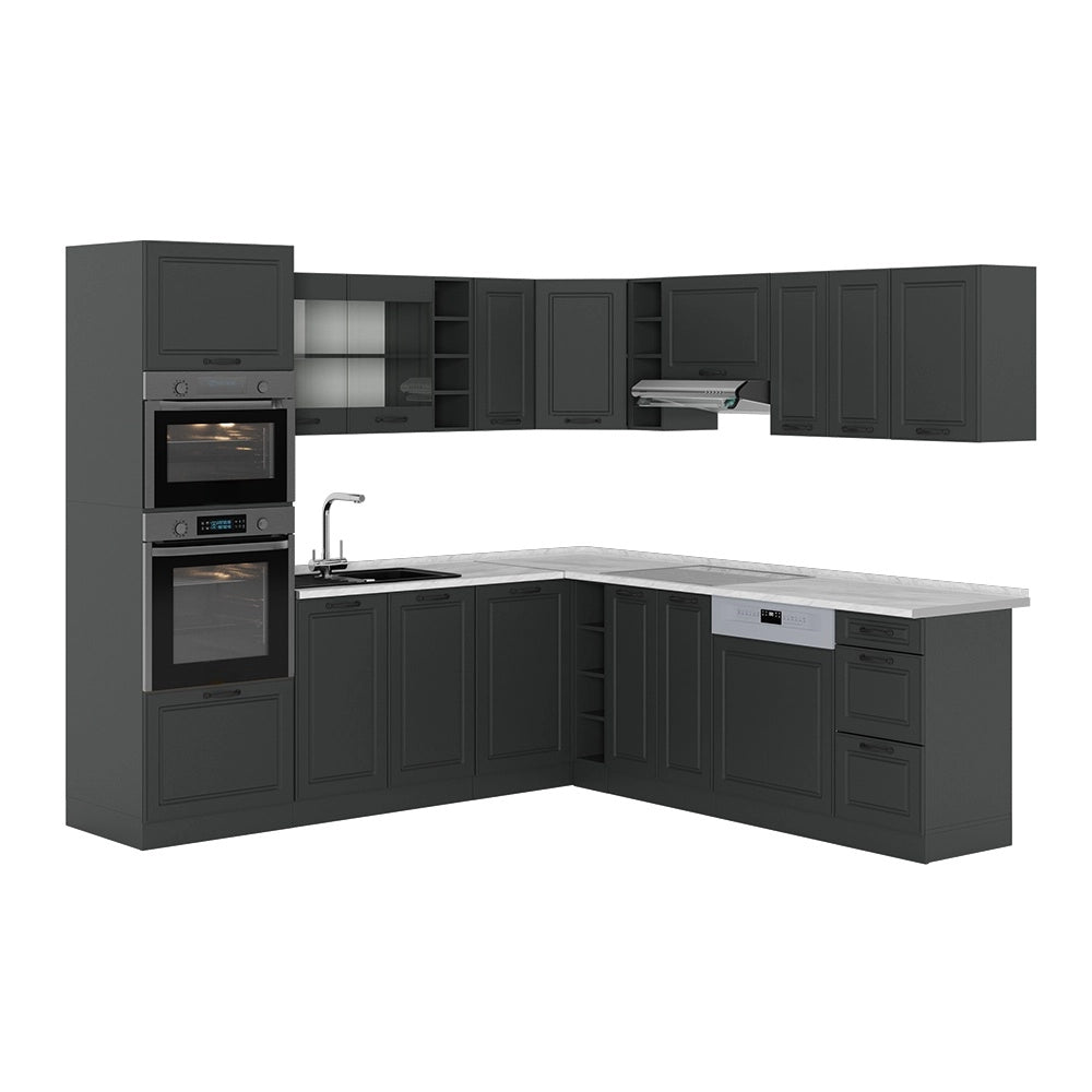 Cucina angolare completa R-Line Antracite rustico/Antracite 247 x 237 cm, PL Marmo Vicco