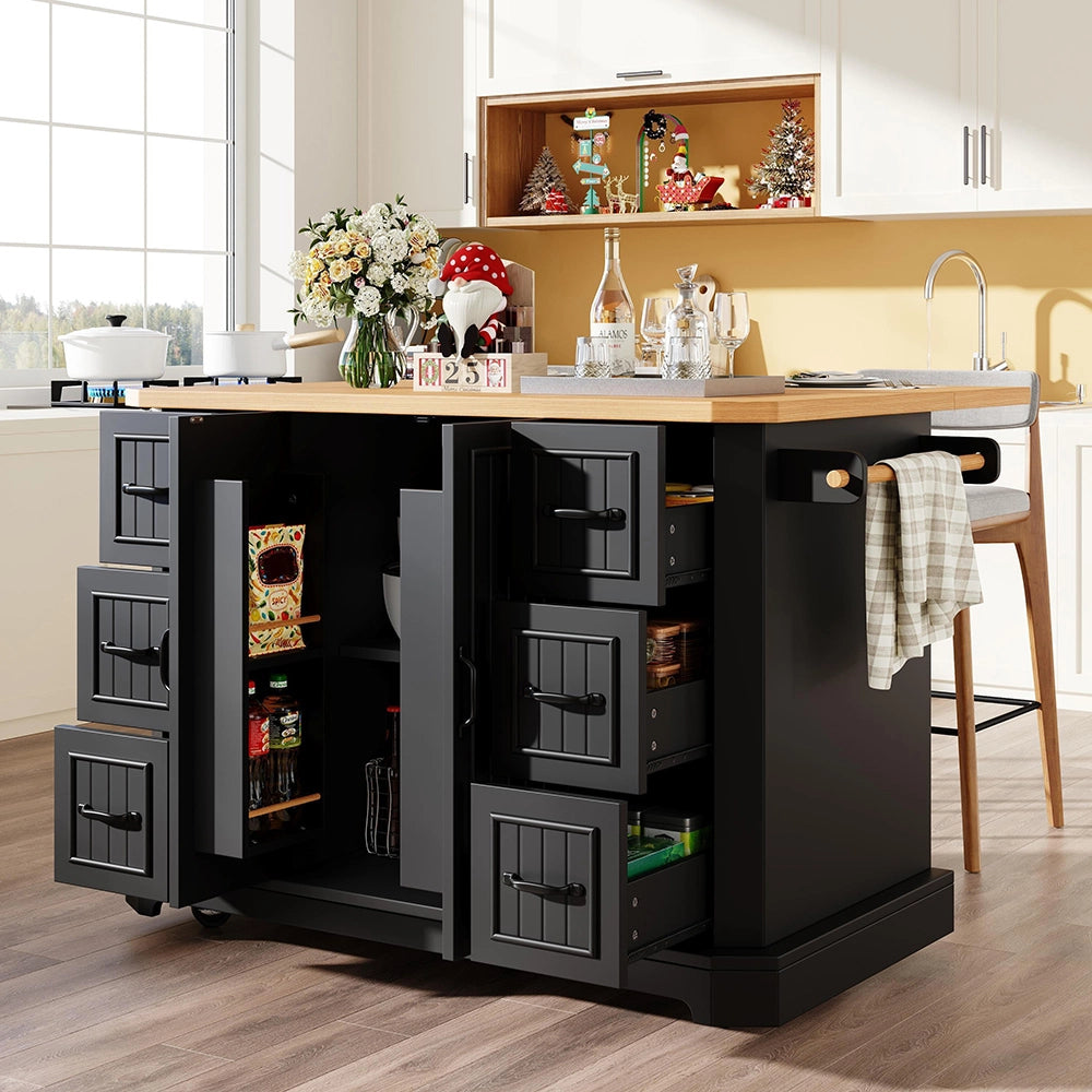 Isola cucina mobile - Xylo - 120x45x91 cm - Bianco/Nero - 2 porte 6 cassetti ruote