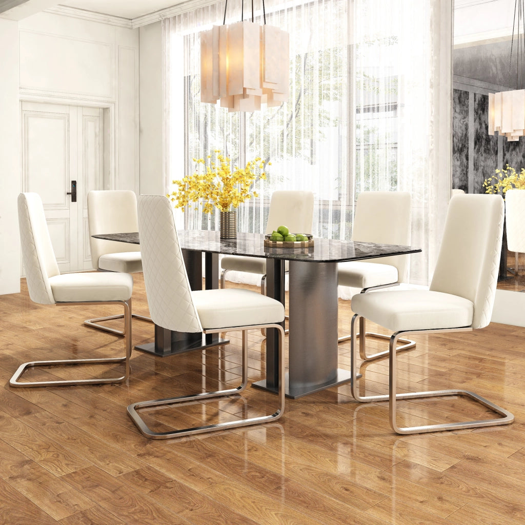 Sedia da pranzo in velluto 2 pezzi con schienale a rombi e gambe in metallo per soggiorno beige e argento