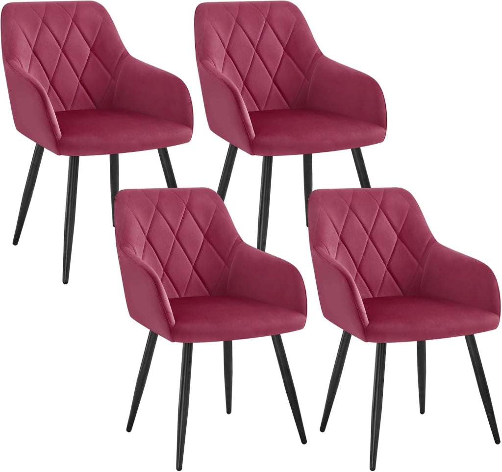 Set di 4 Sedie per Sala da Pranzo Imbottita, Poltroncina in Velluto,Sedia da Cucina con Braccioli e Schienale, Gambe in Metallo, Bordeaux, BH352bd-4