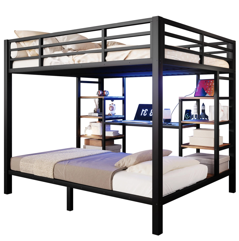 Letto a castello 90x200 e 140x200 cm con LED, prese USB e vani portaoggetti nero HAVRYA