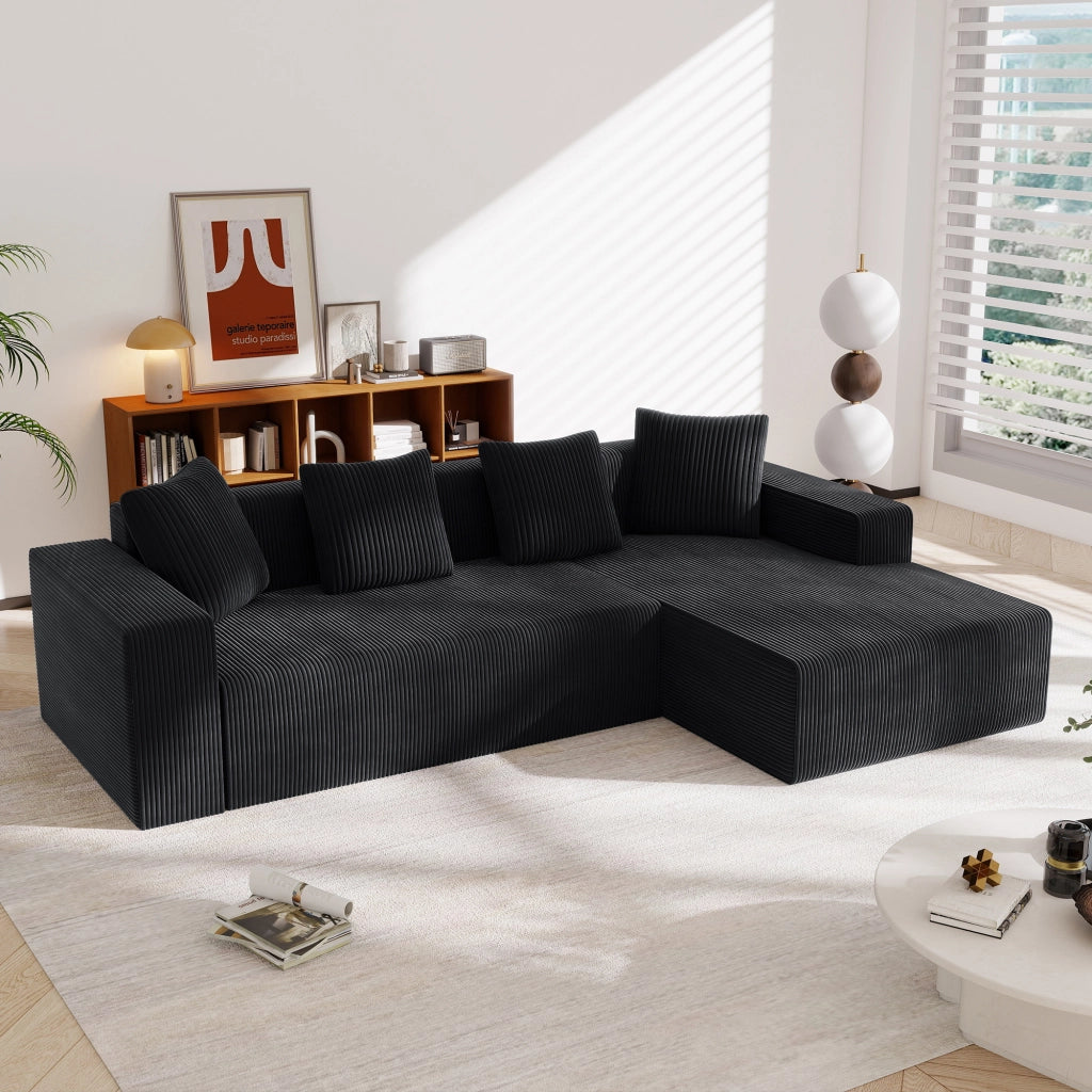 Divano modulare angolare 3 posti con chaise longue e 4 cuscini, seduta profonda, in velluto a coste, Nero