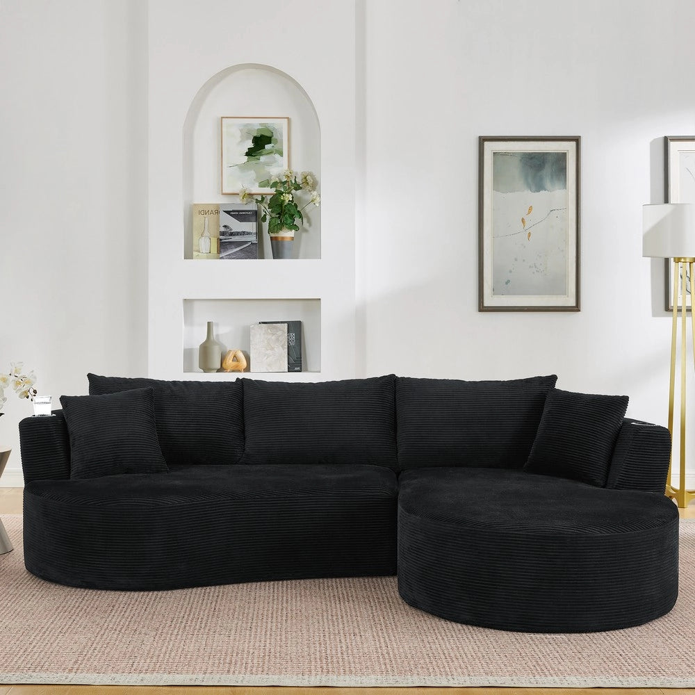 Divano Angolare 3 Posti con Chaise Longue, Velluto a Coste, Cuscini e Portabicchieri ¨C Xylo ¨C Nero