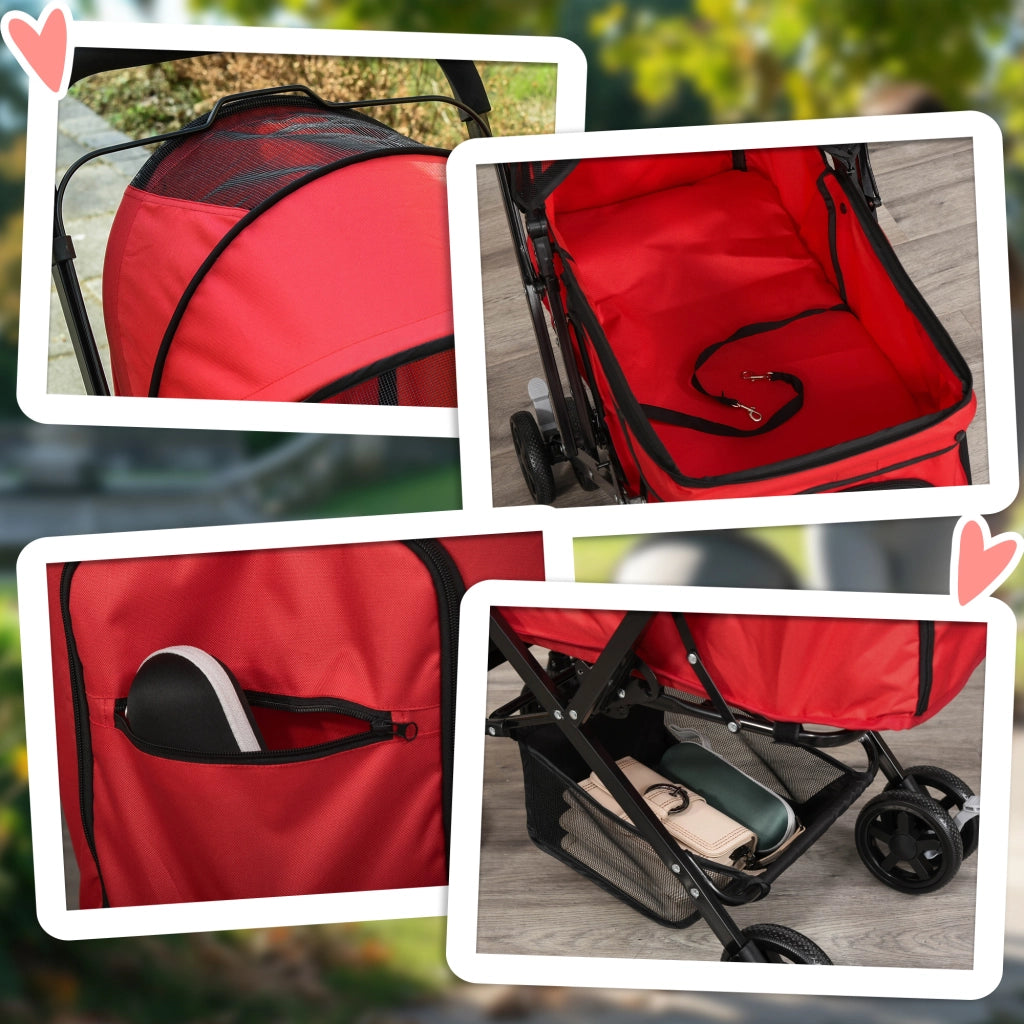 Carrello pieghevole con grande cesta per piccoli cani, cappottina regolabile, finestre in rete, in poliestere rosso