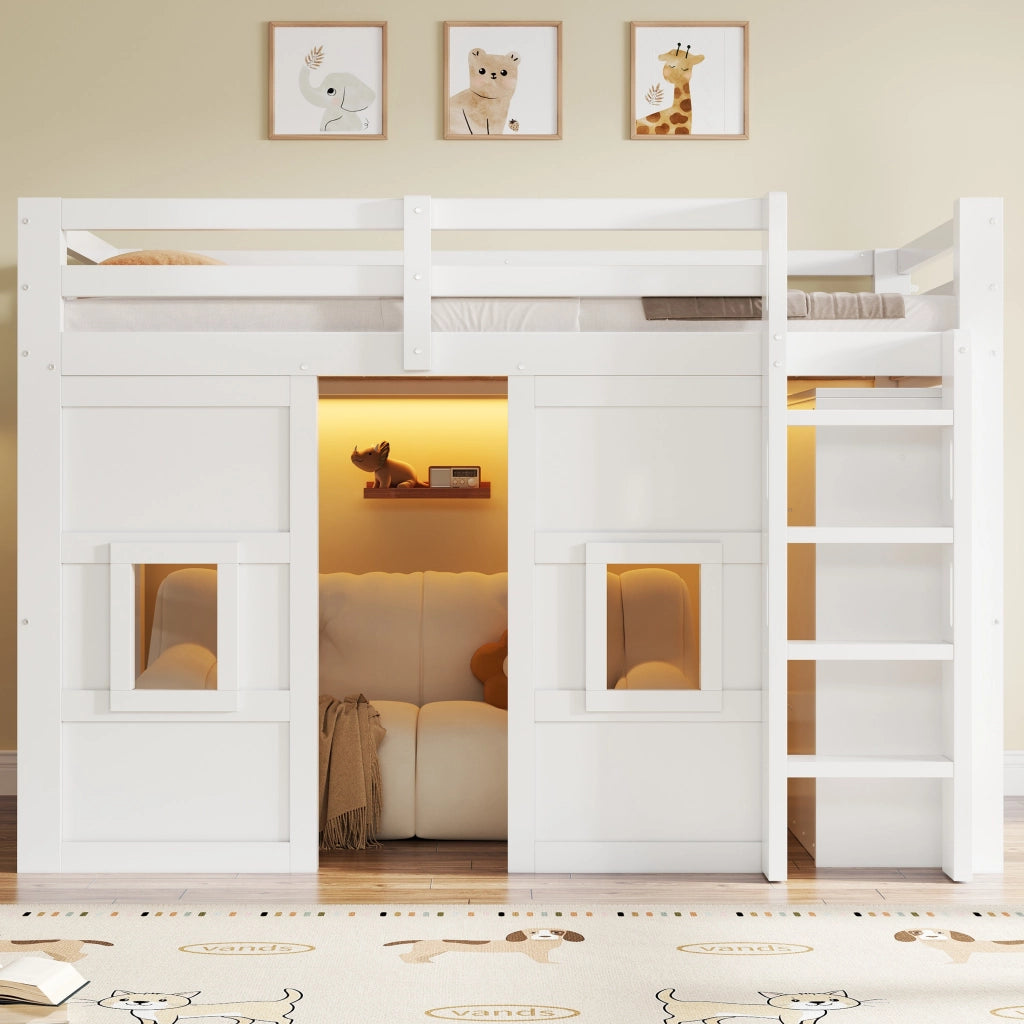 Letto a castello 90x200 cm - Zephmum- Con armadio integrato, finestre e luce LED, bianco