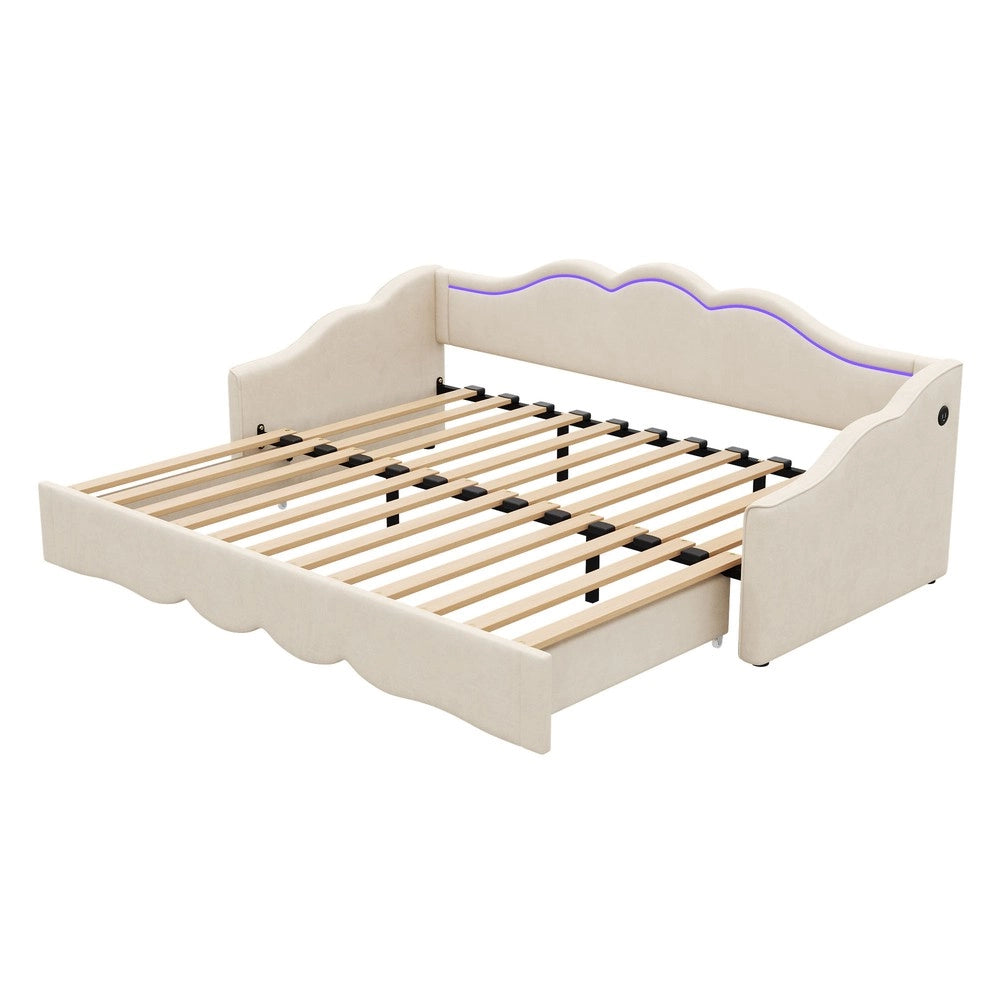 Letto Imbottito Singolo Estraibile con LED ¨C Xylo ¨C Beige Velluto 90x200 cm