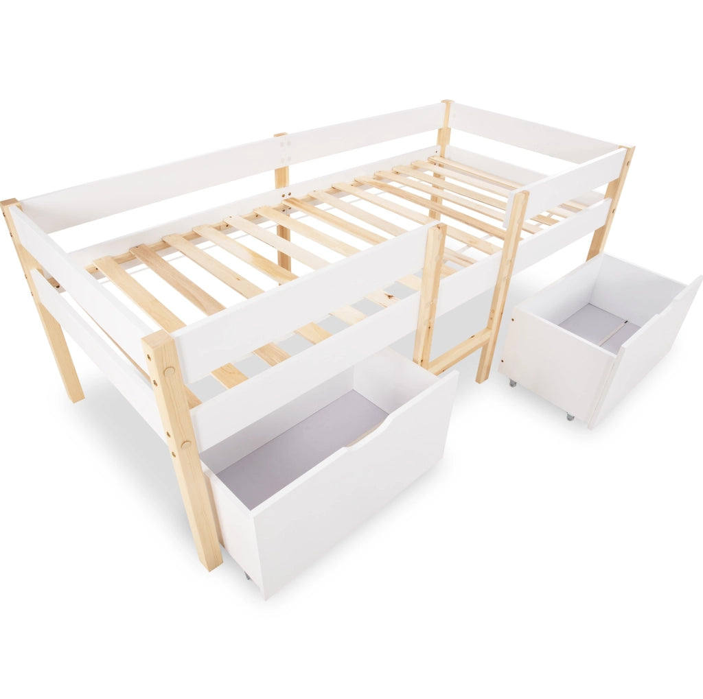 Lettino semialto per bambini 90x190 cm in pino massiccio bianco con cassetti