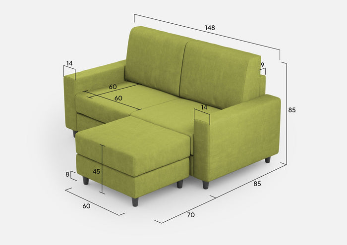 Divano 2 Posti con Pouf 168x145x85 cm Sakar in Tessuto Verde