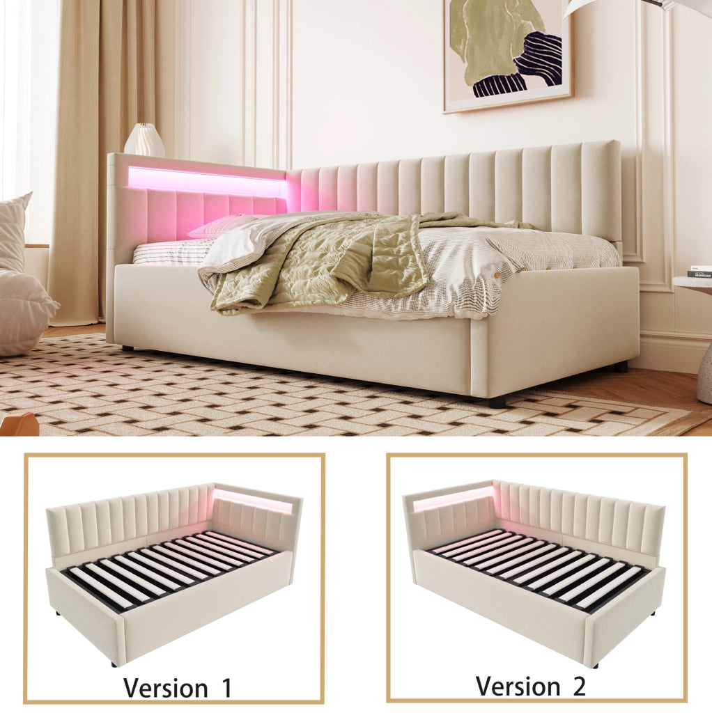 Divano letto imbottito con LED; vano contenitore idraulico; 90x200 cm; velluto beige