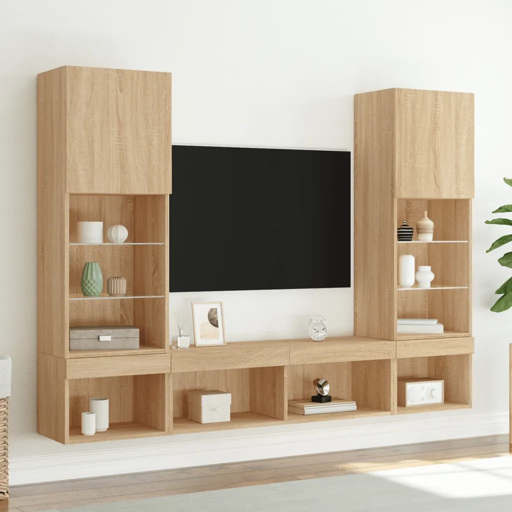 Mobili TV a Muro con LED 5pz Rovere Sonoma Legno Multistrato 3216692