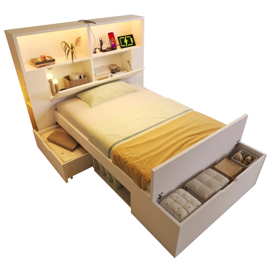 OKWISH Letto Singolo 90×200 cm con LED Regolabile, USB e Tipo C, 2 Cassetti, Mensole e Panca Contenitore, senza Materasso, Bianco