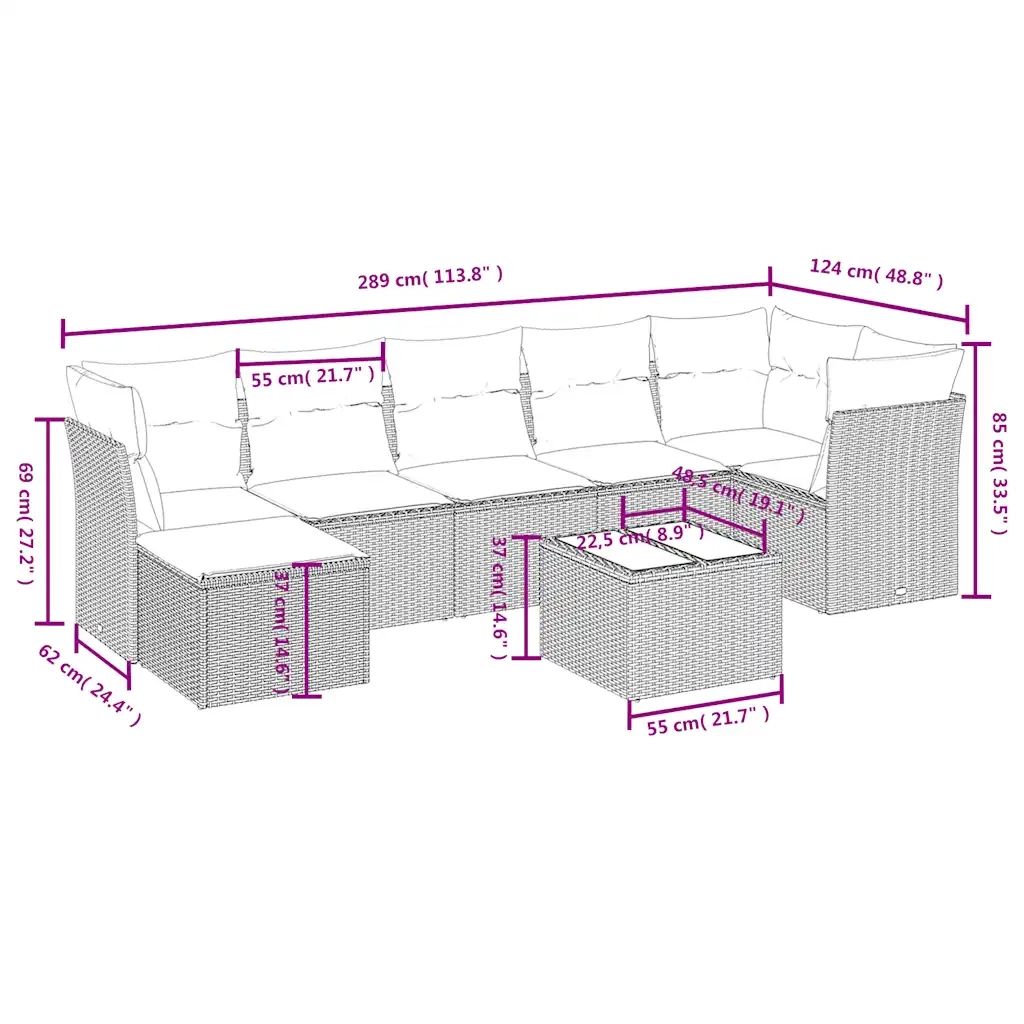 Set Divano da Giardino 8 pz con Cuscini Beige in Polyrattan 3263204