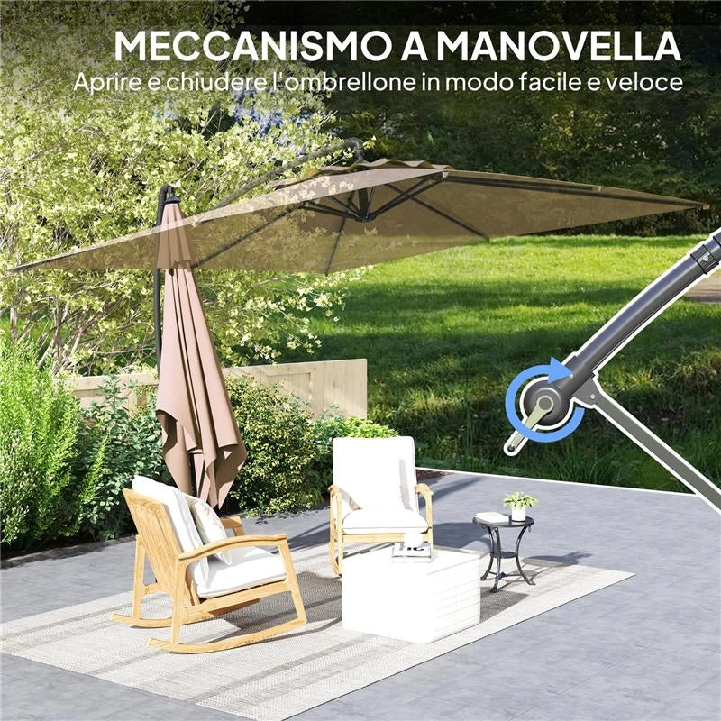 OMBRELLONE A BRACCIO 3X3 M CON COPERTURA REGOLABILE E BASE A CROCE IN METALLO E POLIESTERE COLOR CACHI