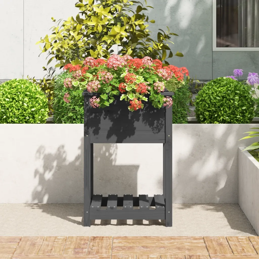 Fioriera | Cassetta per fiori | Vaso con Mensola Grigia 54x54x81 cm Legno Massello di Pino
