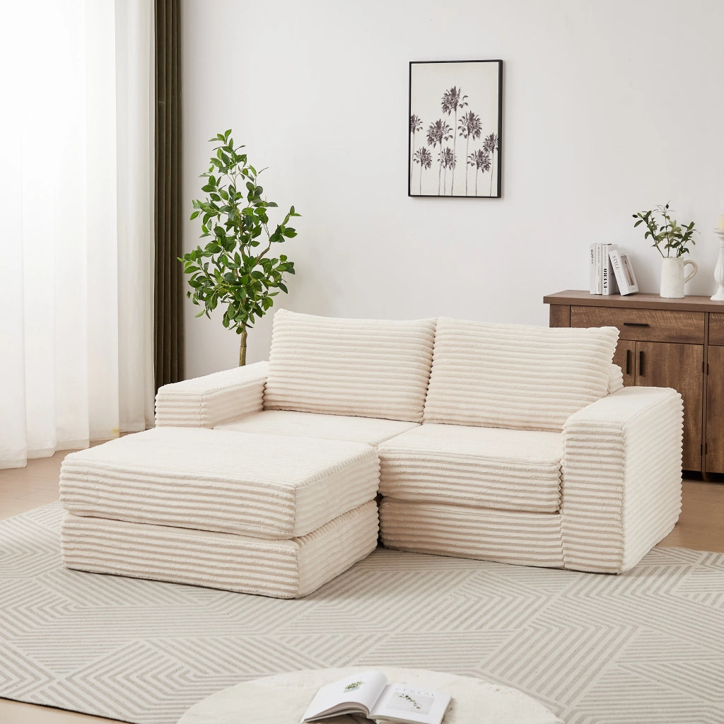 Divano letto modulare con pouf removibile e braccioli quadrati configurazione flessibile in velluto a coste beige