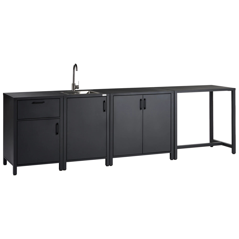 Set cucina da esterno Armadio in alluminio verniciato a polvere grigio grafite con lavello Tavolo 305 x 60 x 90 cm Cucina da giardino