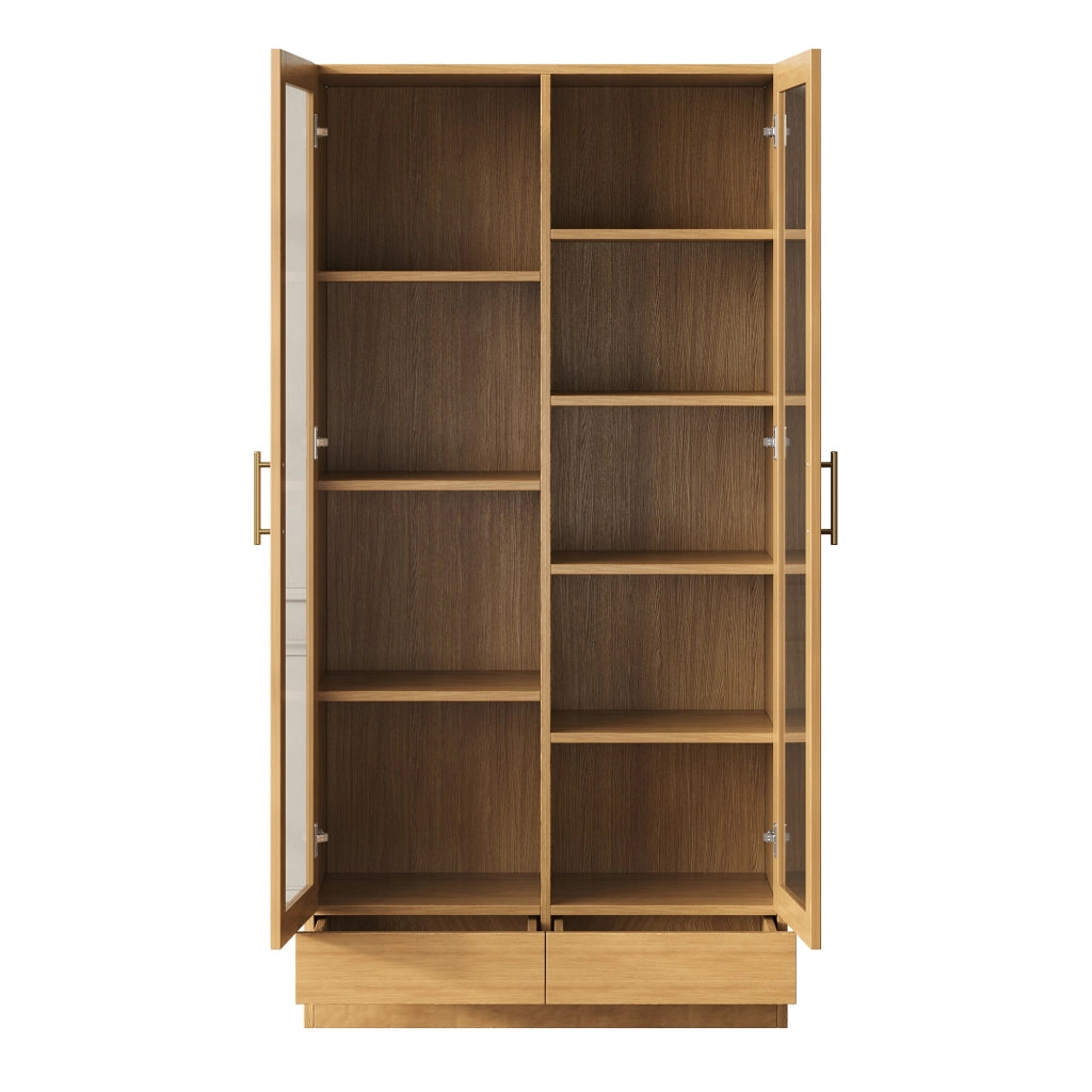 Vetrina con 2 ante in vetro 1 cassetto e 9 vani sfalsati per soggiorno o studio colore legno 80 × 40 × 160 cm