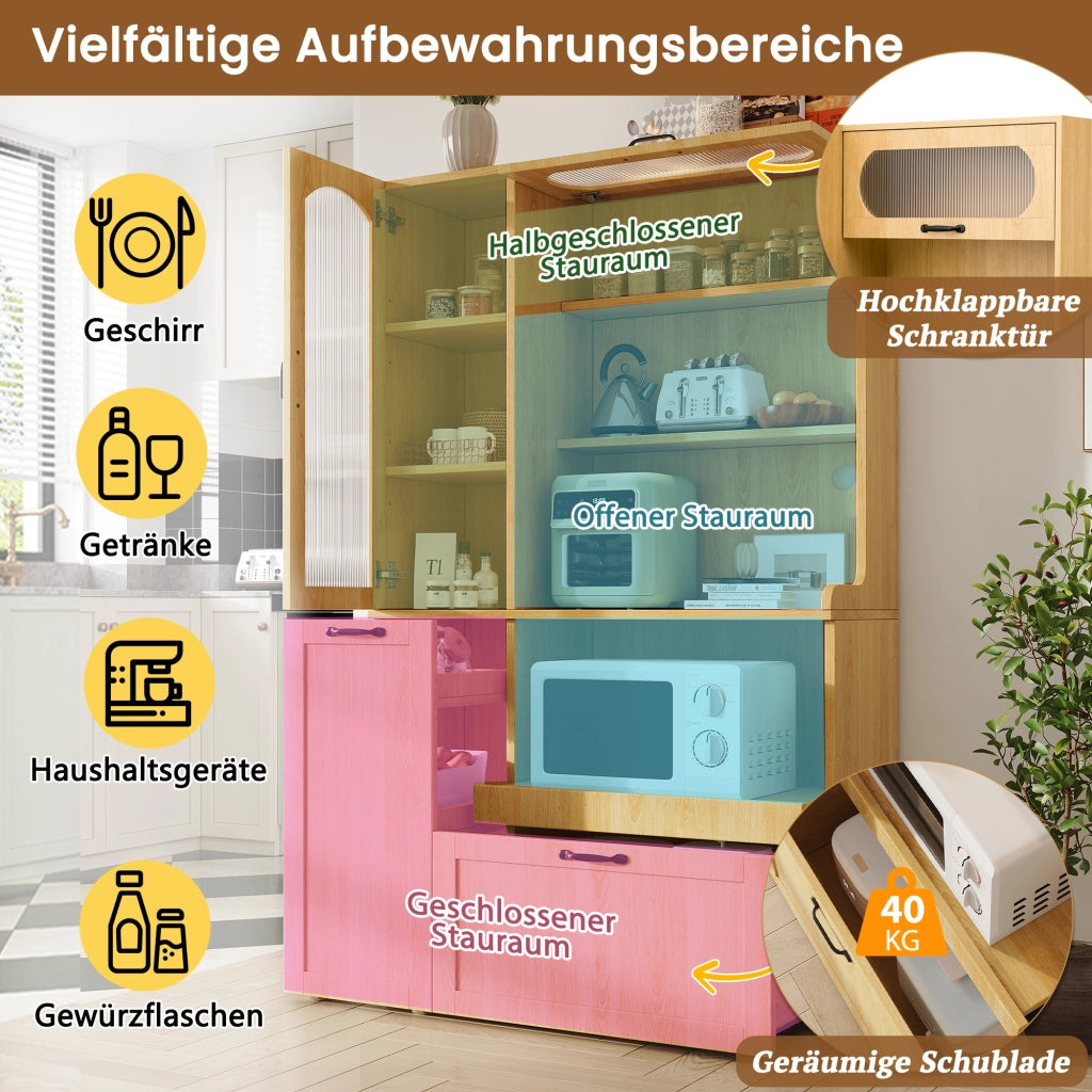Credenza alta con ripiani regolabili e cassetto, ante in vetro rigato per cucina, in MDF naturale, 98 × 40 × 177 cm