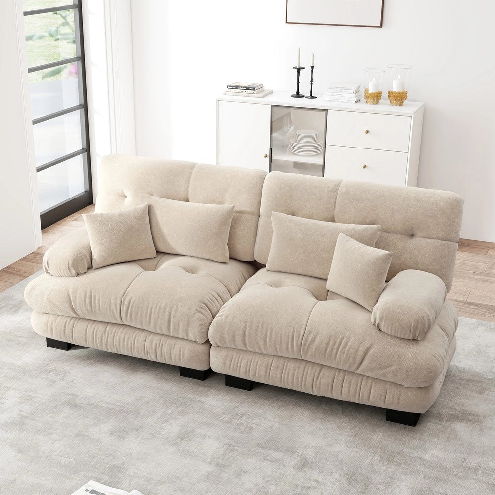 Divano angolare con cuscini ¨C Minimal ¨C tessuto chenille marrone chiaro struttura in legno massello