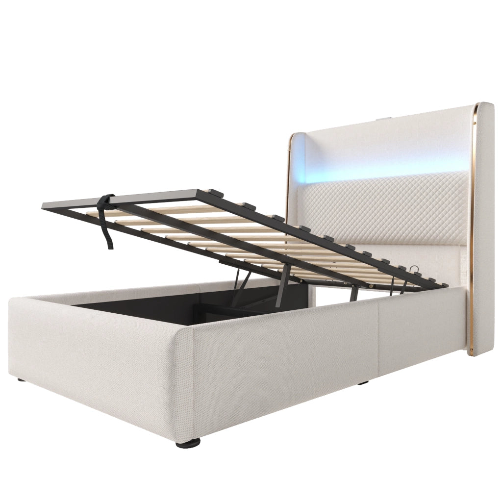 Letto singolo idraulico 90x200 cm con testiera alta, LED, USB/Type-C e contenitore, beige