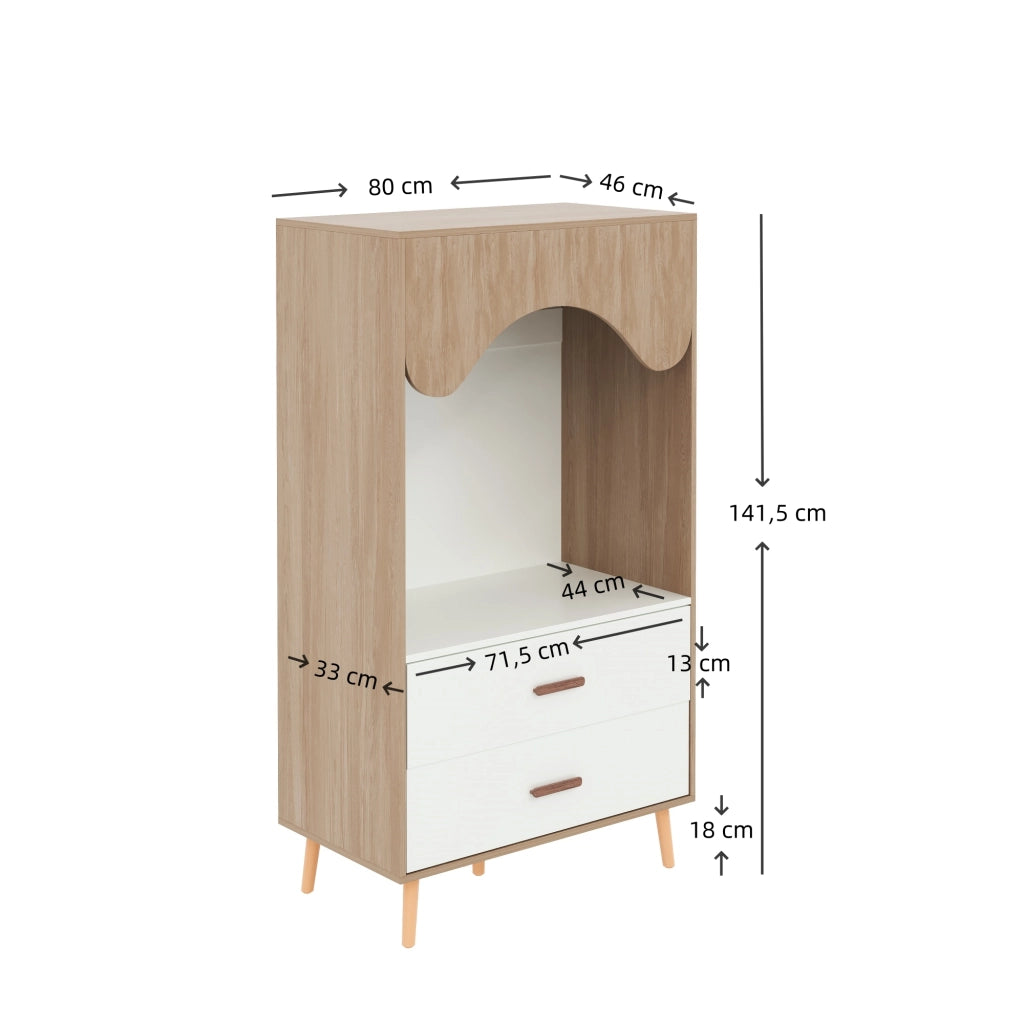 Armadio aperto con asta appendiabiti e 2 cassetti in MDF, maniglie in legno massello, per camera da letto, 80 × 46 × 141,5 cm