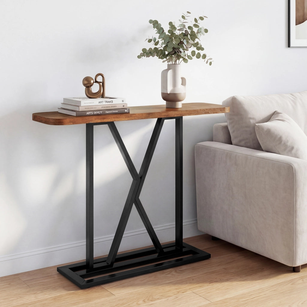 Tavolo consolle 100cm noce rustico metallo geometrica-Tavolo ingresso rettangolare industriale decorativo spazi ridotti