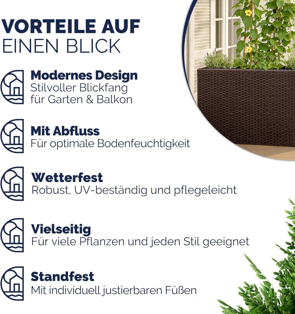 Fioriera Rettangolare 95x27x60 cm con 4 Vasi Interni in Polyrattan con Sistema di Drenaggio Fioriere Porta Vaso da Fiori Piante Divisorio Giardino Balcone Terrazza Marrone