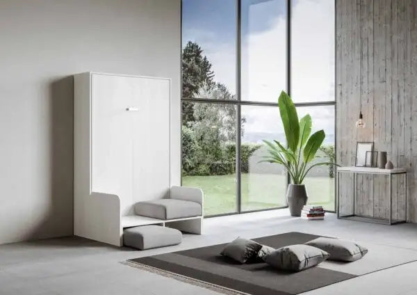 Letto una piazza e mezzo a scomparsa 120 Kentaro con divano bianco frassino, grigio