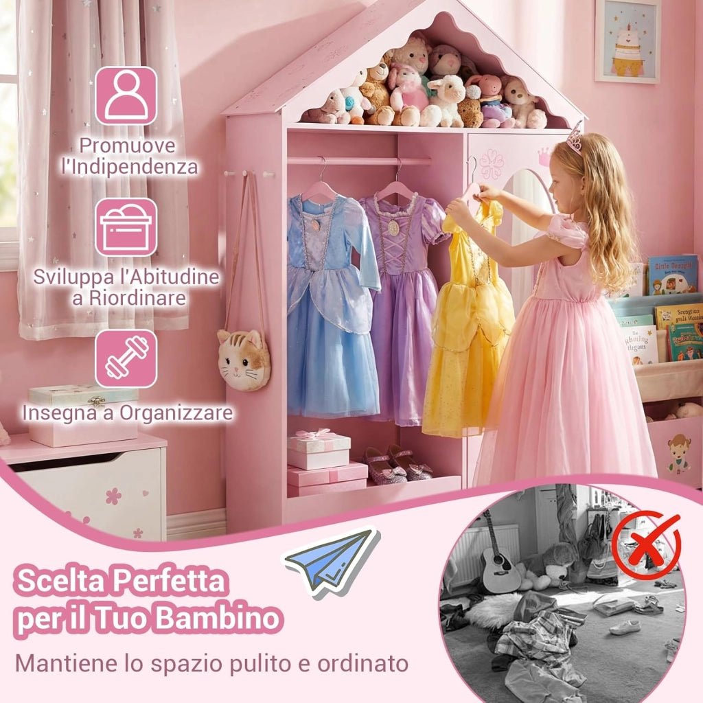 Armadio con Specchio per Bambini, Guardaroba Coperto con Appendiabiti Aperto, Scaffali e Ganci, Armadio e Organizzatore di Costumi per Camera da Letto e Stanza dei Giochi (Rosa)