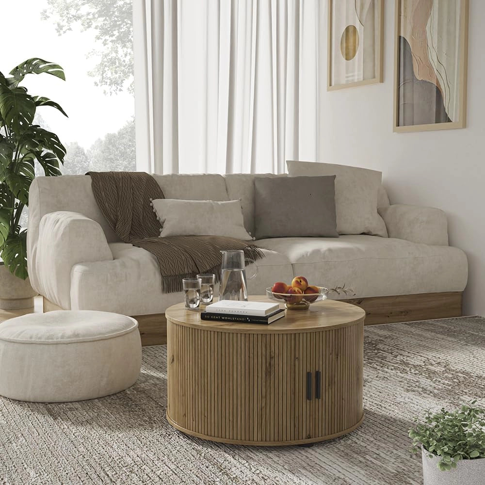tavolino soggiorno Selva, Rovere, 80 x 80 cm con porta scorrevole, con funzione lift e piano del tavolo regolabile in altezza