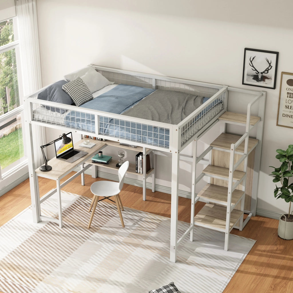 OKWISH Letto a Soppalco 140×200 cm, Letto Matrimoniale con Scrivania, Armadio e Scaffali, senza Materasso, in Metallo e MDF, Bianco