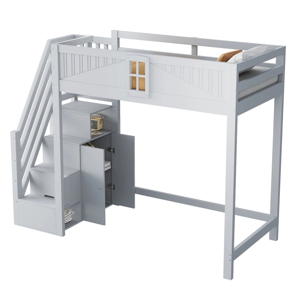 Letto a Soppalco in Legno Massello ¨C MINIMAL ¨C Grigio, 90x200, con Scala e Porta