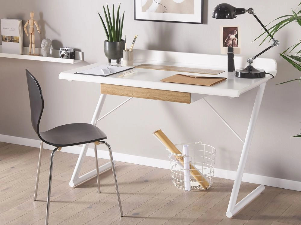 Scrivania da ufficio in MDF bianco e legno chiaro 120 x 60 cm con 1 cassetto gambe in metallo design scandinavo